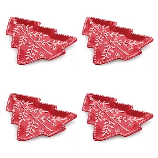 Melrose 10" x 8.5" Red Ceramic Tree Plates, 4ct.